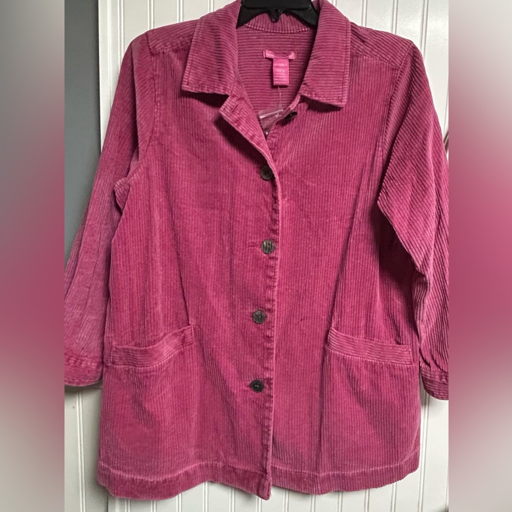 Woman Within Jacket Size Medium Pink Corduroy Shacket Button Front Pleated Back